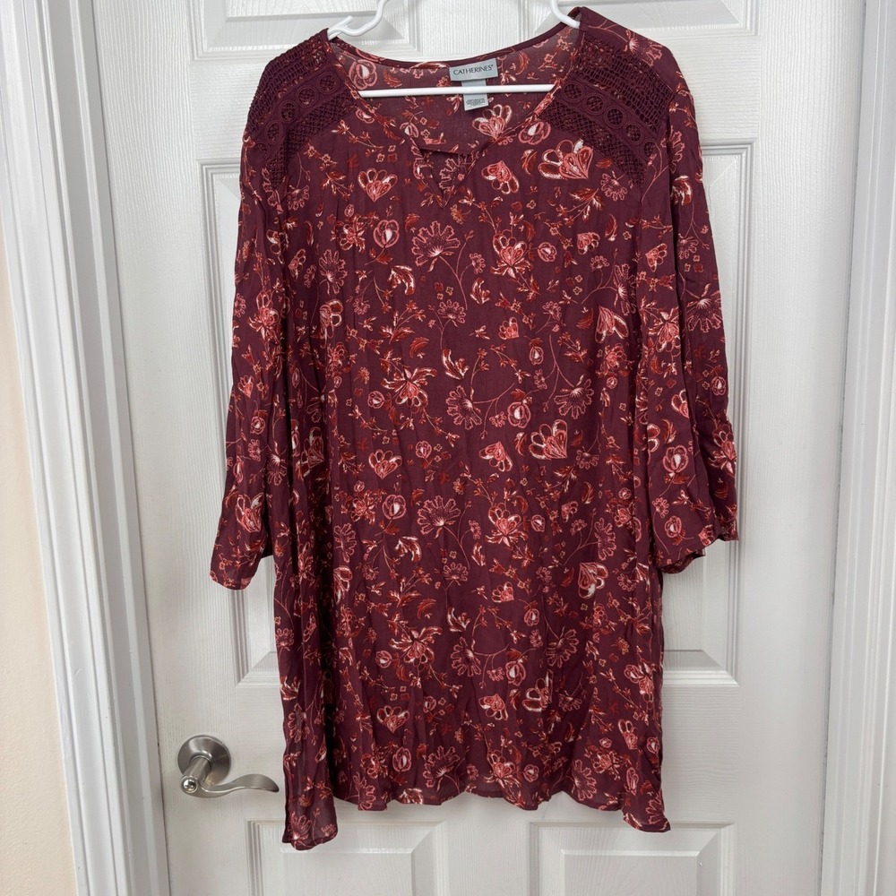 Catherines Womens 1X Burgundy Floral Crochet Lace Shoulder Rayon Tunic Top